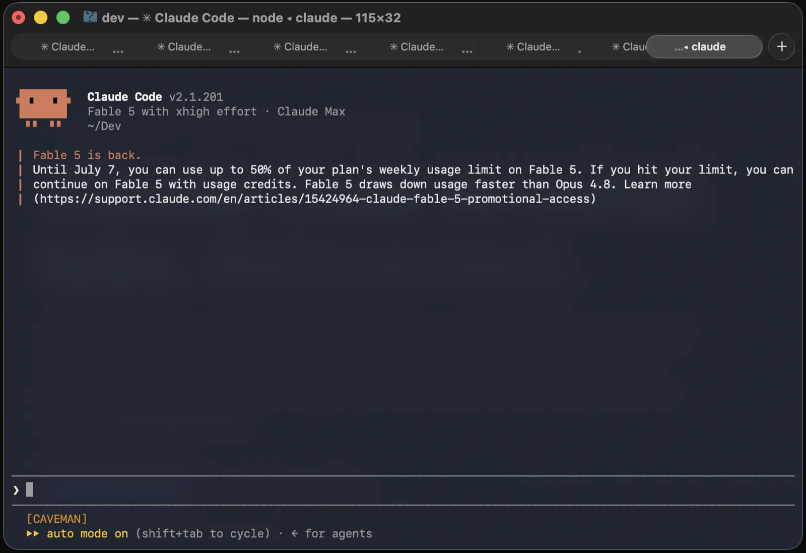 A macOS terminal window with seven Claude Code tabs open at once